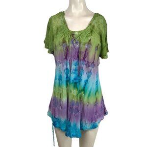 SAKKAS - WOMEN'S PLUS SIZE - TIE DYE SHORT SLEEVE ROUND NECK EMBROIDERED TOP